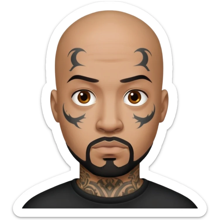 đàn ông 30 tuổi, da đen, đầu trọc, râu quai nón đen, có hình xăm trên mặt, áo đen, mặt nghiêm túc sticker