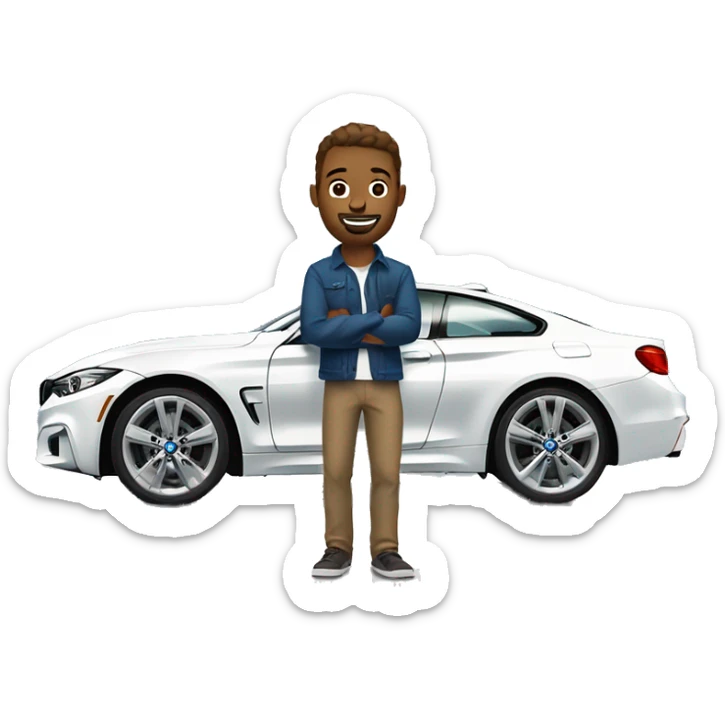 One white man with brown hair standing near blue bmw 4 series sticker