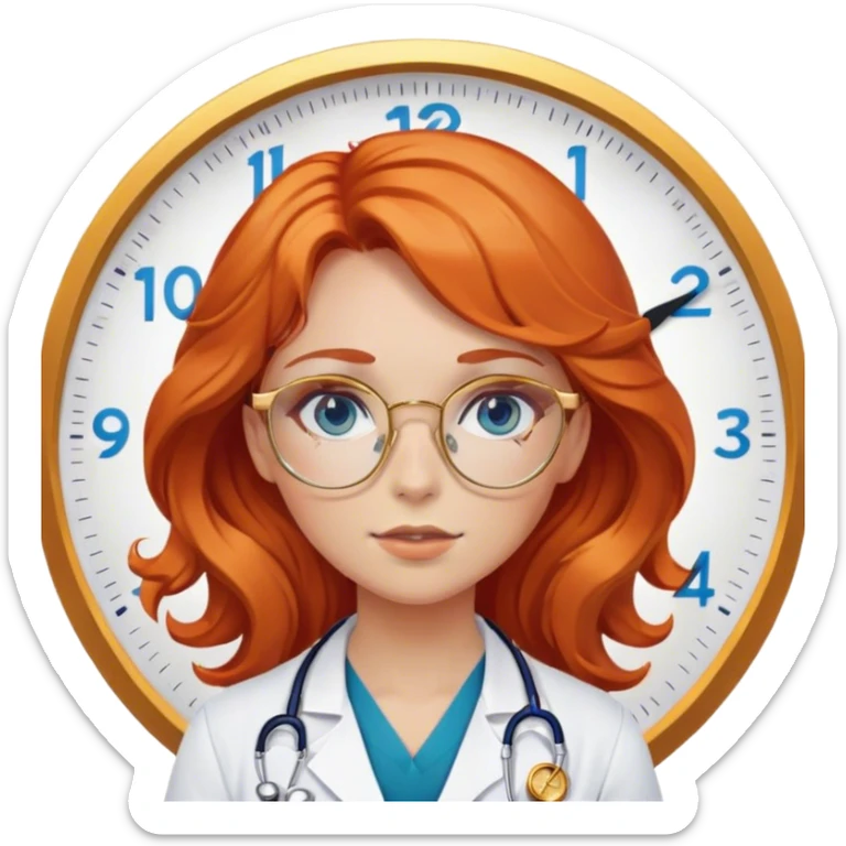 Girl doctor wavy orange red hair blue eyes in gold glasses , a clock nearby sticker