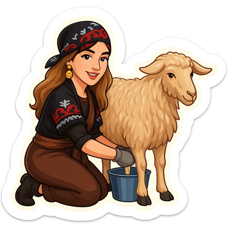 Kurdish cartoon sticker of the same woman in the new Kurdish dress milking a standing goat. The woman's hands are on the udder, and the bucket is clearly placed between the two back legs behind the goat in the correct position. Realistic and clear cartoon style, no text, transparent background. sticker