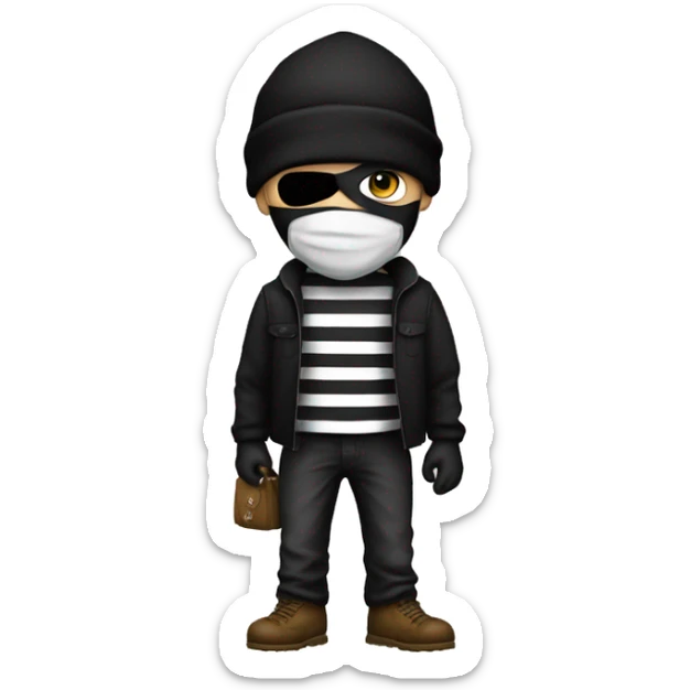 Robber, black and white striped shirt, black mask, moneybag, black beanie sticker