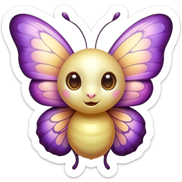 Cinematic Cute Butterfly Portrait Emoji, Head tilted playfully and inquisitively, featuring a charming, petite form with intricately detailed, softly tinted wings and round, sparkling eyes full of gentle wonder, Simplified yet irresistibly adorable features, highly detailed, glowing with a warm, inviting pastel glow, high shine, affectionate and lively, stylized with a touch of whimsical garden charm, soft glowing outline, capturing the essence of a mischievous butterfly that seems as if it could dance out of the screen into your arms! sticker