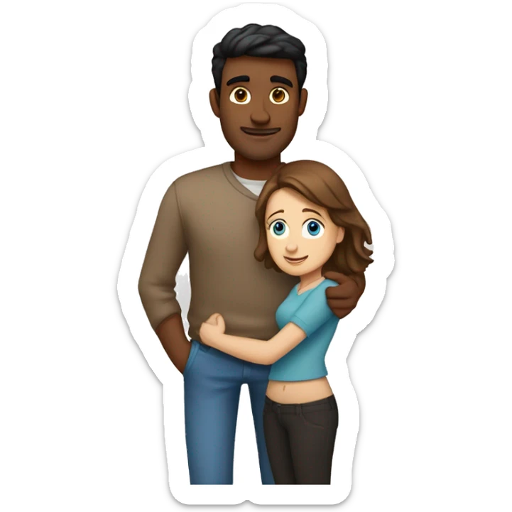 Couple embracing with arms around each other; white woman with blue eyes and brown hair, Indian man with black hair  sticker