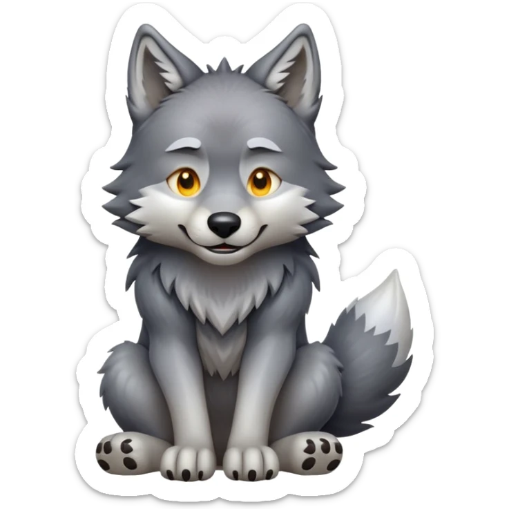 cinematic-[wolf]-realistic-full-body-sitting-emoji,-tail-resting-loosely-beside-its-paws,-head-tilted-dramatically, -scruffy-[grey]-fur,-simplified-yet-realistic-focused-features,-highly-detailed,-glowing-with-an-almost-sarcastic-glow sticker