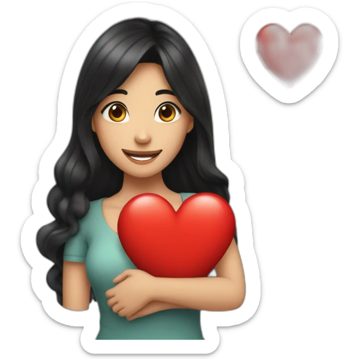  20 year old woman with long black hair hugging a red heart very happy sticker