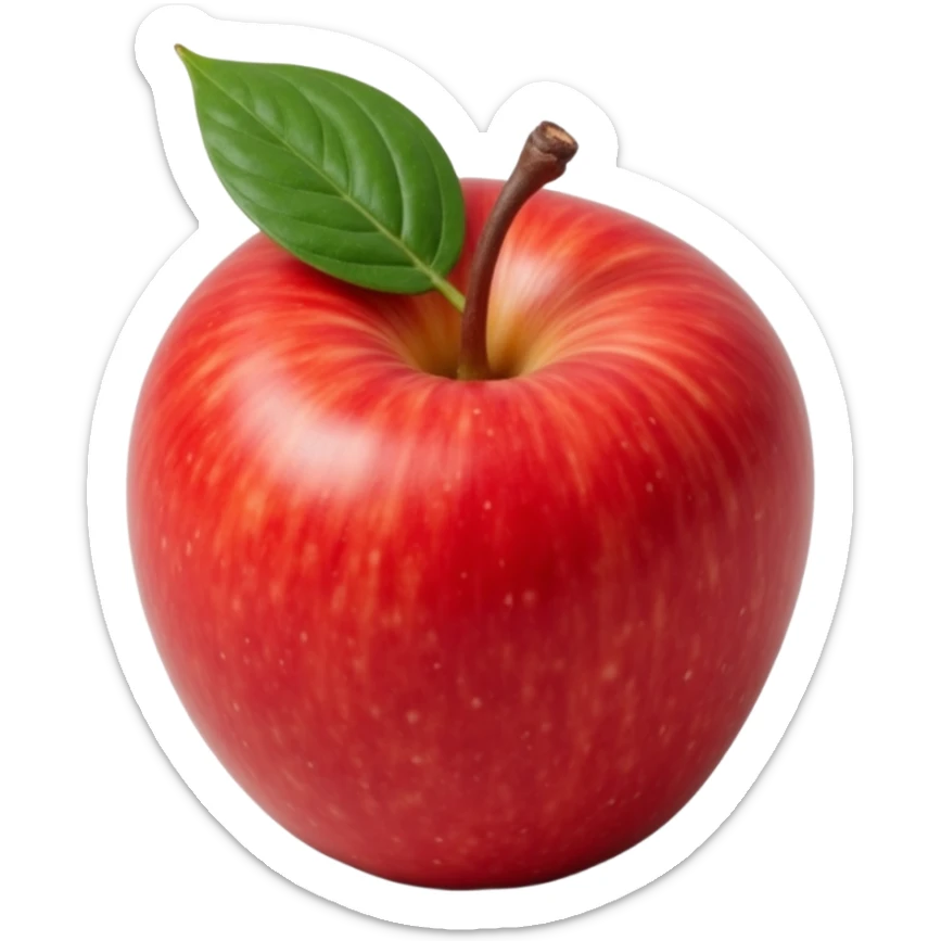 shiny red apple with a realistic leaf, soft shadows, high detail, skeuomorphism icon style sticker