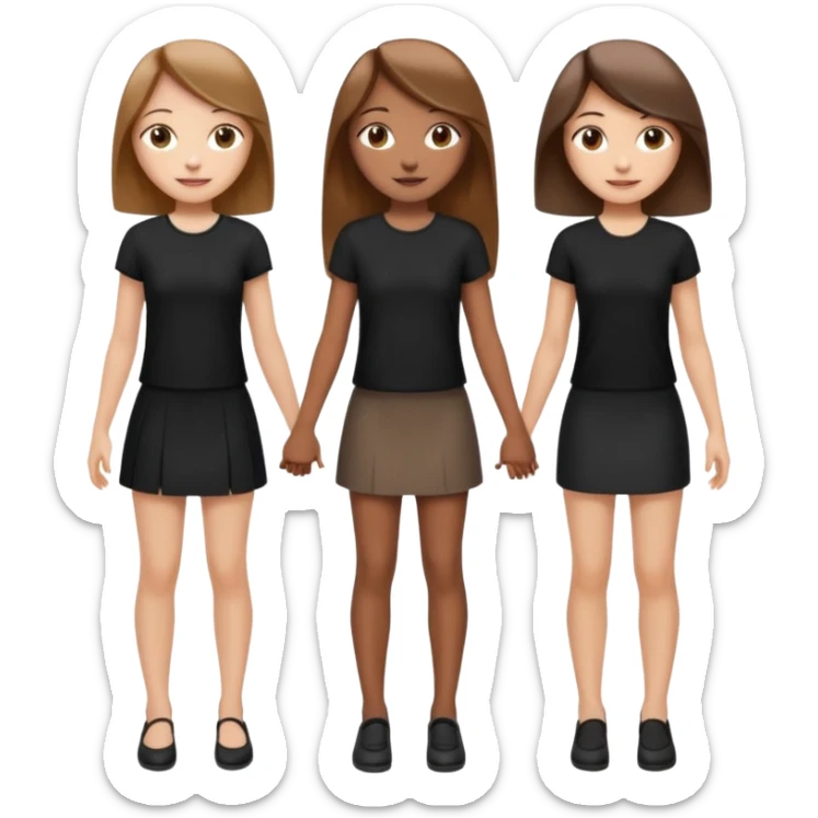 emoji of a girl with long, straight light brown hair, fair skin, soft brown eyes. Wearing a stylish black top and mini skirt. Full-height, standing confidently with shoulders back, head up, smiling proudly. Surrounded by 3 women next to her, holding hands. women are of diferent race sticker