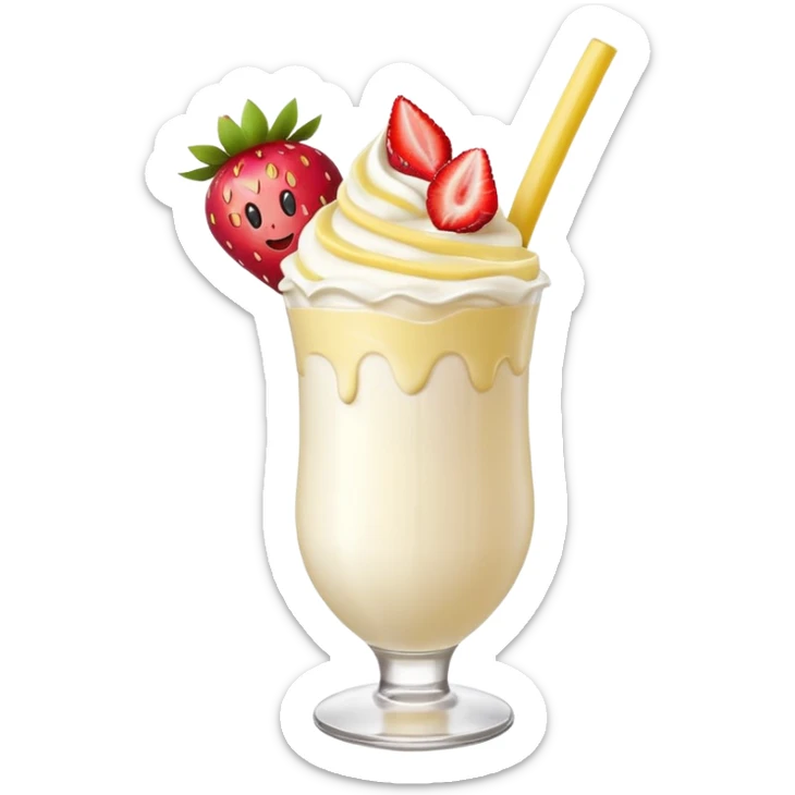 Milkshake vanilla with a banana sticking out of the milk shake it and two strawberries on both sides of the banana at the very tip of the banana, whipped cream and a smiley face sticker