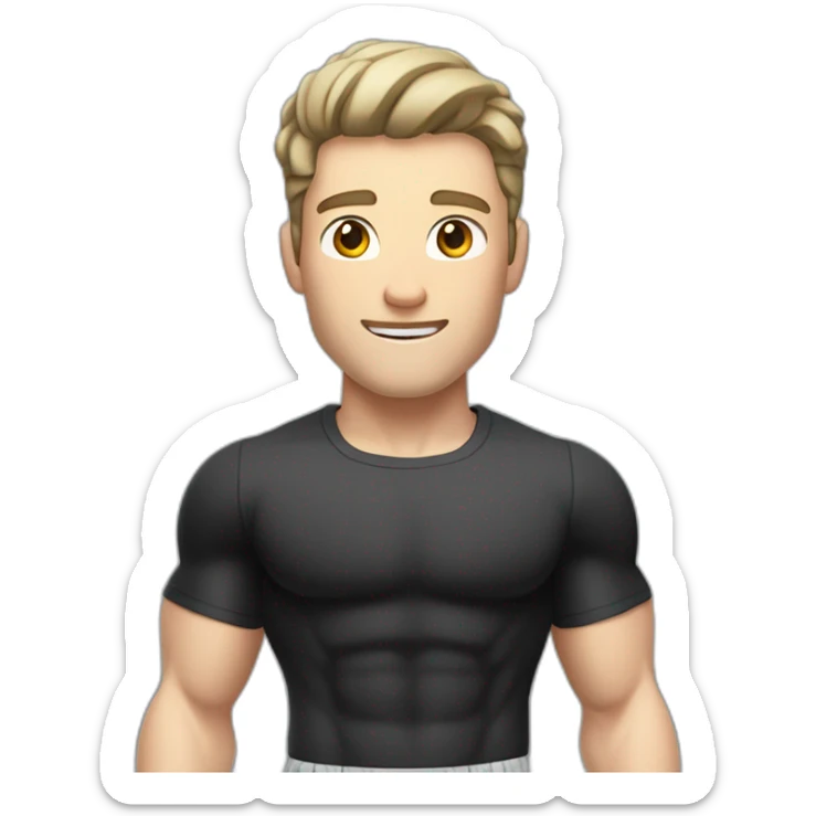 amazed Pale skinned Fit Man With the biceps and dark brown hair in black shirt, gray sports shorts and white Sneakers sticker