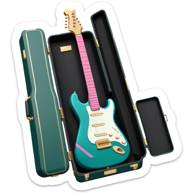 minimalist electric guitar in dark green with pink and blue stripe decal, closed inside a black rectangular hard case with gold latches, flat semi-3D style, soft matte textures, simplified details, stylized decal accent sticker