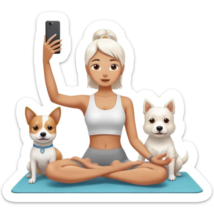 insta girlie doing yoga and white dog near her. she is taking selfie  sticker