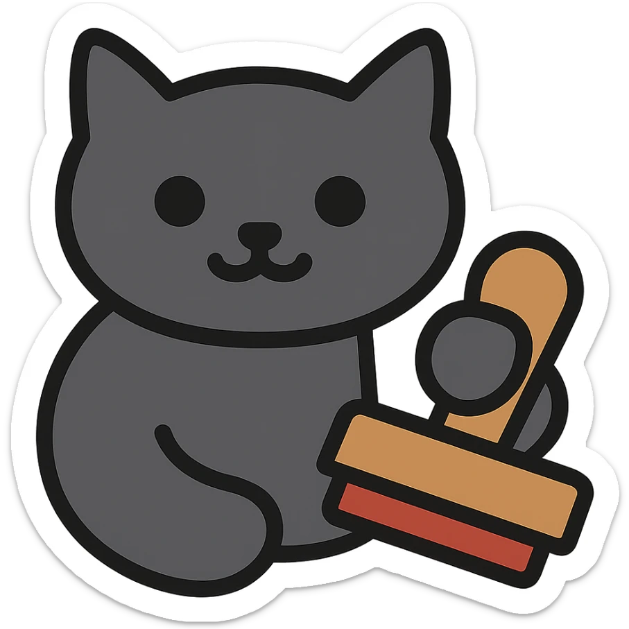 Add color to the black cat, keeping the style clear and playful, with a dark gray or black cat and natural stamp colors, no background. Maintain the original style's clarity and playfulness. sticker