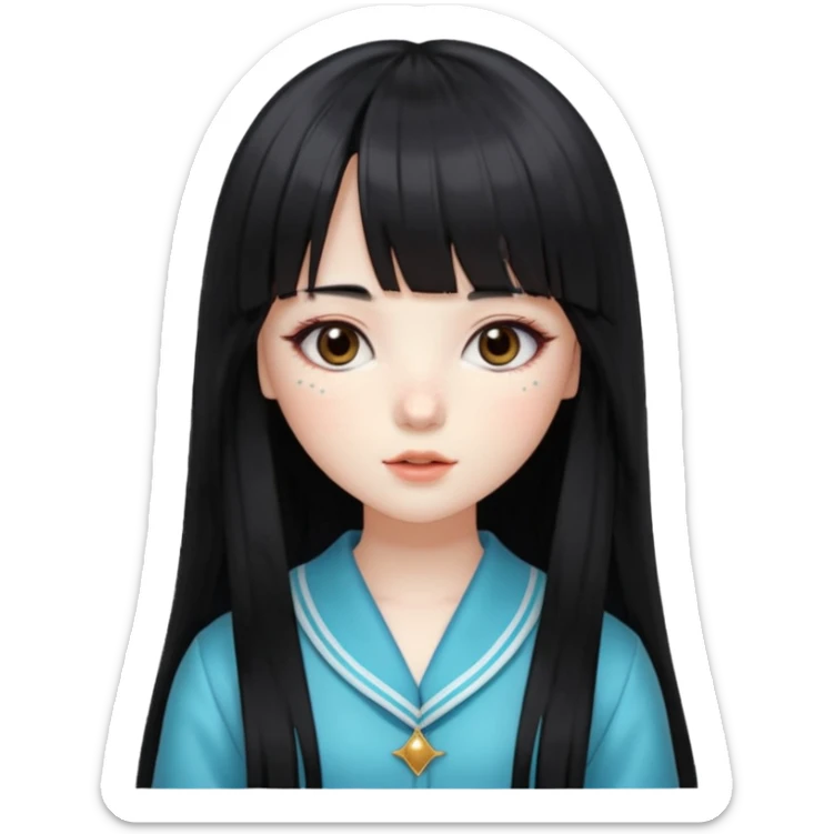 pale girl , who has silky straight extremely long black hair with bangs , chestnut monolid eyes , and doll like makeup , dressed like a kpop idol , has freckles sticker
