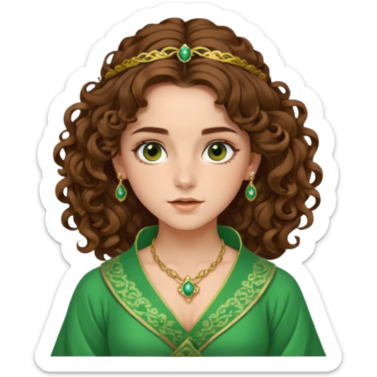 very beautiful italian girl, looking a bit like Emma Watson, with curly and big volume very bright brown hair, and a golden piercing ring in nose on left side, dressed in a beautiful sexy hanfu dress of green colors, nose ring sticker