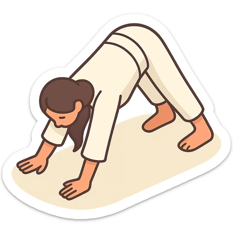 Edit the reference image of the girl to depict her in the downward dog yoga pose, preserving her appearance and clothing, in a 2D isometric style with a white background, 512x512px. sticker