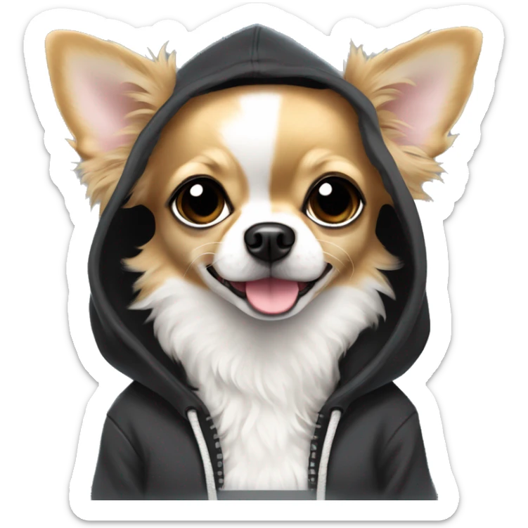 fluffy Chihuahua breed dog black with a white muzzle girl in a hoodie sticker