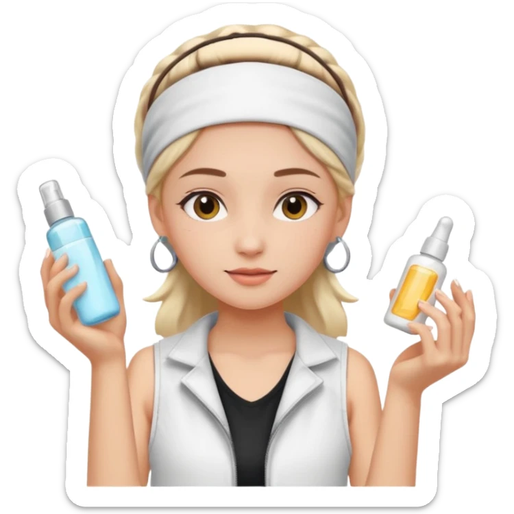Clean girl aesthetic emoticons, apply skincare products, headband, glowing skin, white vest, soft lighting sticker
