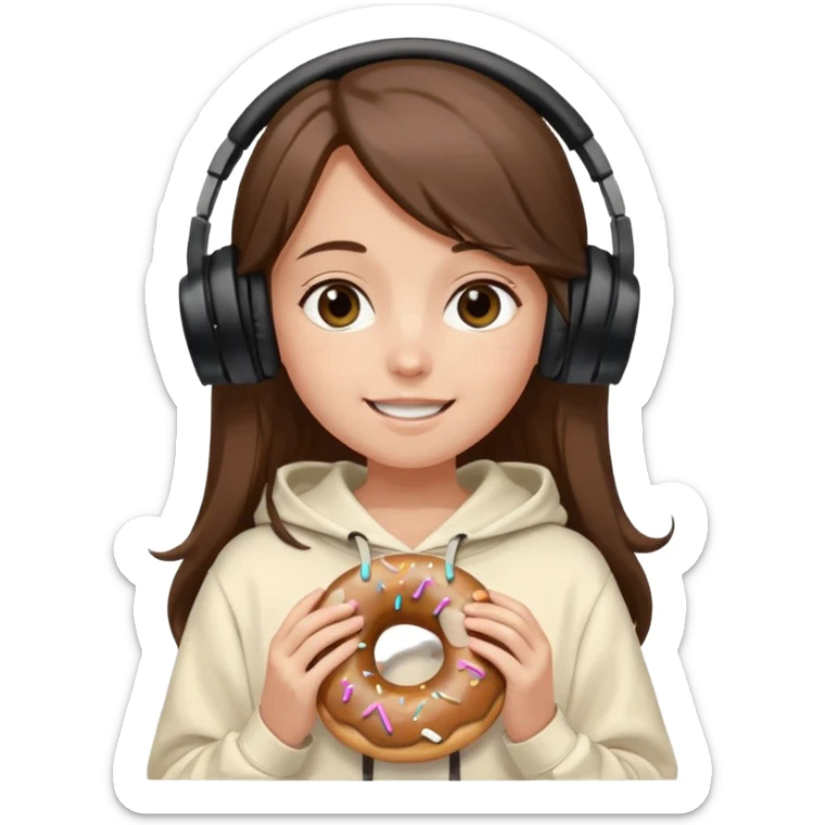 a girl with long brown hair green and wearing black headphones she is wearing a cream coulor baggy hoddie she is happyish holding a donut sticker