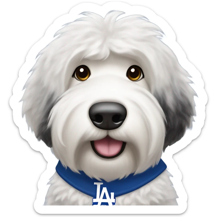 Salt and pepper Old English sheepdog wearing a Dodgers shirt  sticker