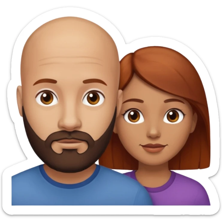 Couple. A bald man with dark brown beard and a girl with light skin. She is a redhead and has dark yellow brown auburn hair. Different skincolor. She has very light skin. sticker