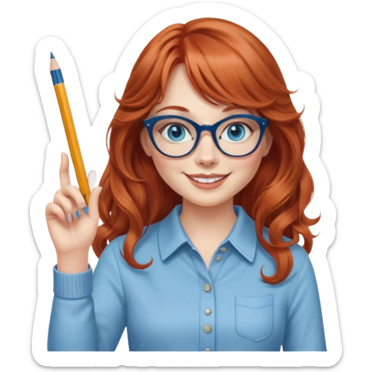 redheaded woman with very long wavy hair and bangs, blue eyes, clear cat-eye glasses, casual chic outfit, holding a pencil, smiling, waving sticker