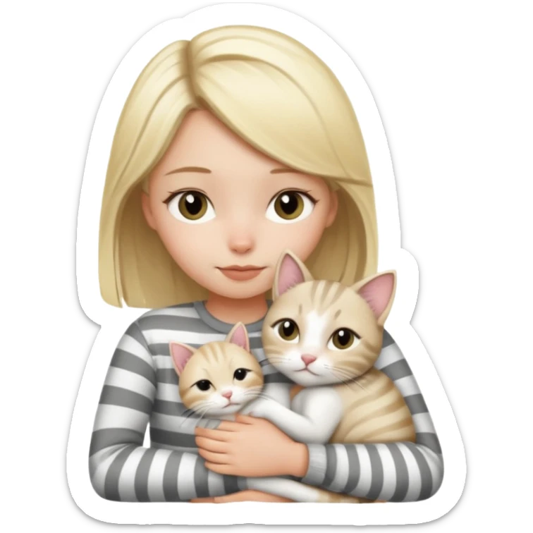 Short hair Blonde girl snuggling white gray white striped cat sticker