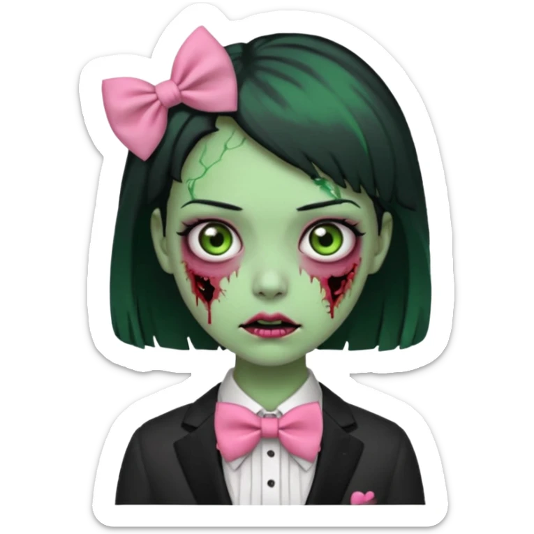 zombie green skin girl, black hair with pink bow tie sticker