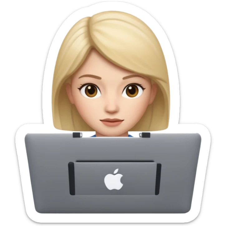 memoji of a female with a laptop in front, apple-style, modern sticker