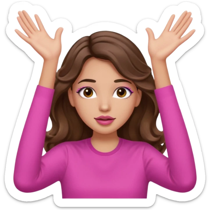 girl with long wavy brown hair, brown eyes, light to medium complexion, in a pink shirt, pink lips, long lashes, puckered lips, both hands in teh air sticker