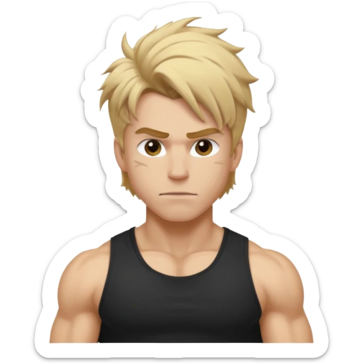 Gym rat with blond brown hair and black t shirt, and messy hair. And muscular sticker