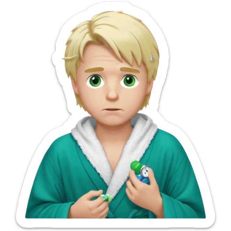 A white man with green eyes, medium-length blond hair, a blue Cartier watch on his wrist, and a black and white bathrobe. His hair is messy, and he has a white pacifier in his mouth. sticker