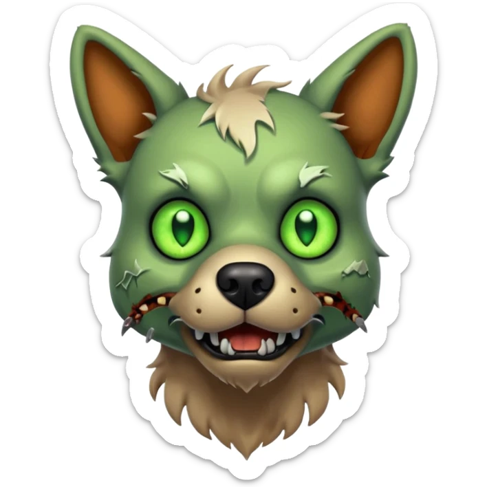 zombie dog portrait, head and shoulders only, torn fur, glowing green eyes, stitched face details, spooky but cute, 3D cartoon, mobile game icon style, clean background, no text, no watermark
 sticker