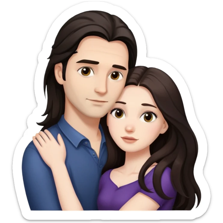 Man with dark mid-length hair, hugging a beautiful ￼brunette woman long hair and long eyelashes pale woman sticker