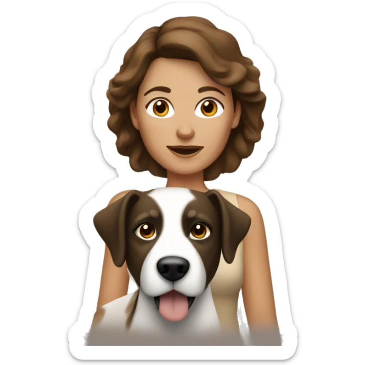 tan middle aged woman with brown hair with black and white dog sticker
