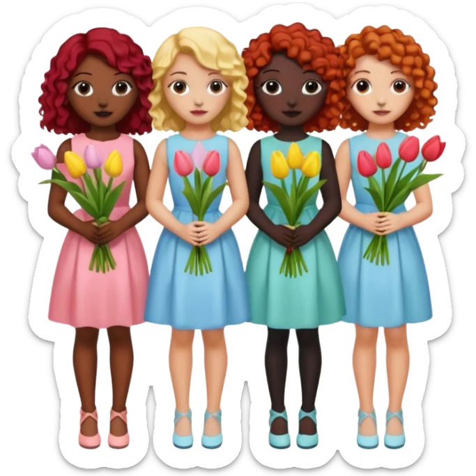5 girls at a garden party wearing pastel dresses and holding tulips, one is black, one is blond, one has brown hair, one has red hair, the last one is has curly hair sticker