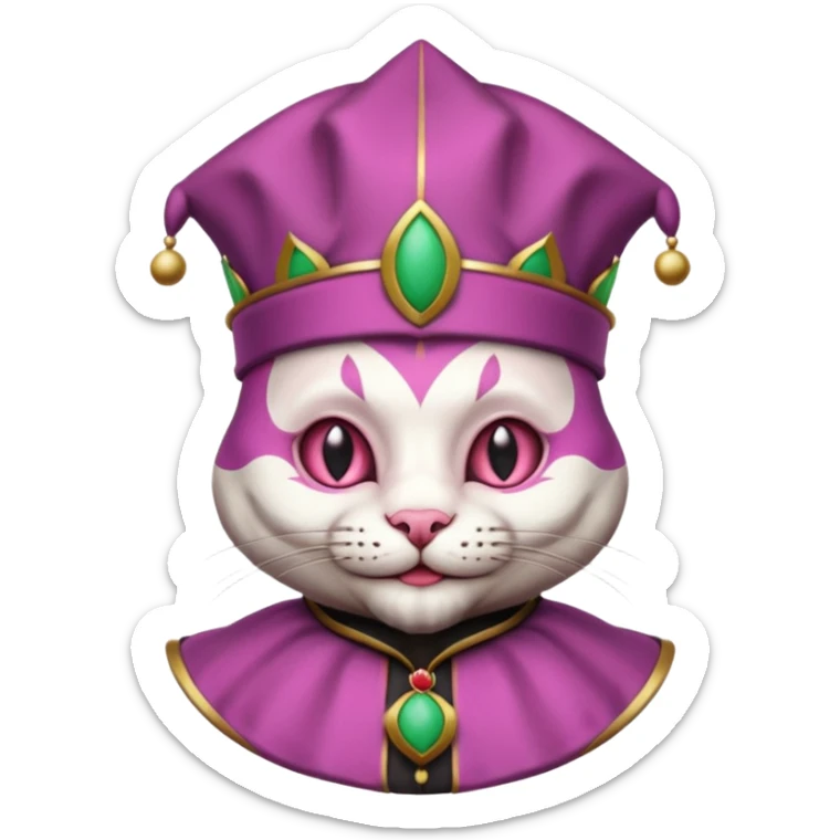 court jester cat medieval, single poker card joker clearly visible, pink, face only, round badge, court jester cap sticker