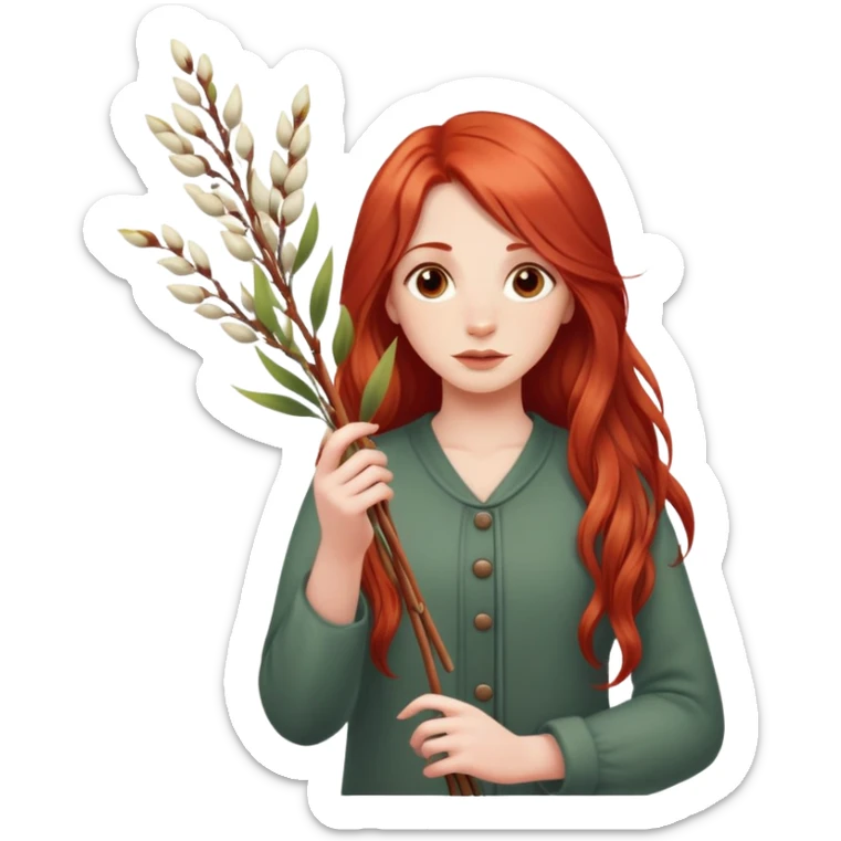 A girl with long red hair holds pussy willow branches in her hands sticker