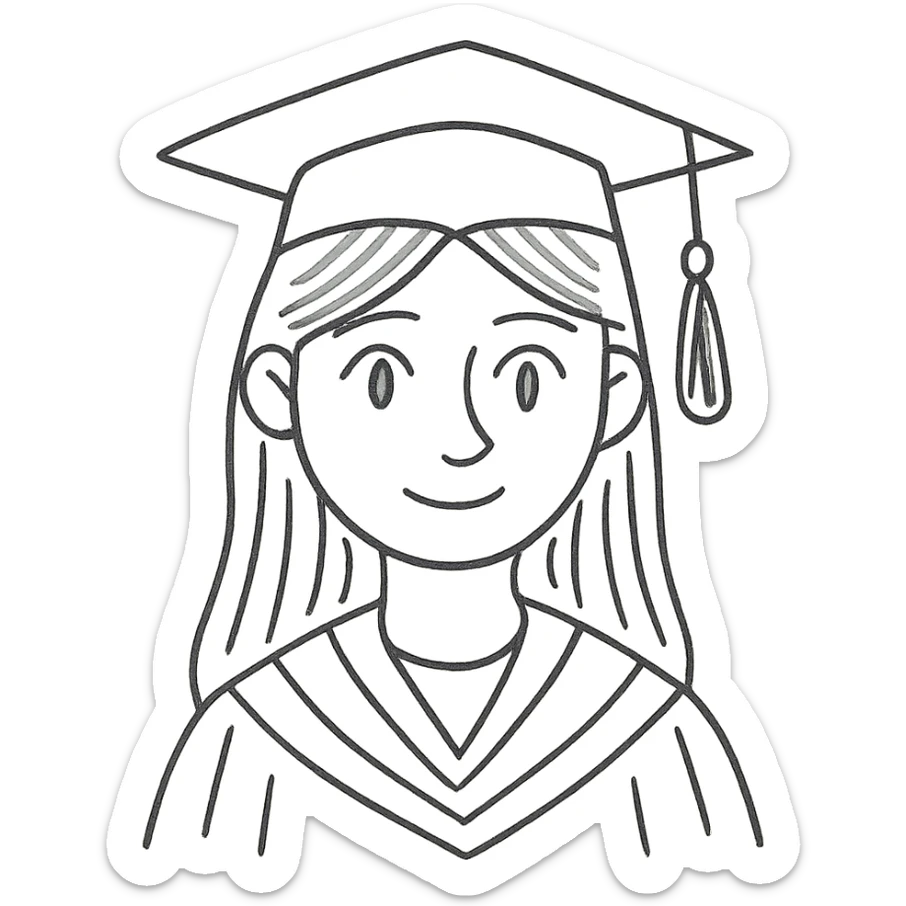 light brown haired girl with long hair, blue eyes, and pale skin wearing graduation regalia, hand-drawn sketch style sticker
