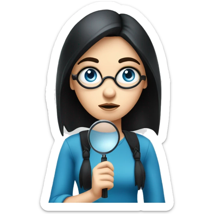 white girl with black hair and blue eyes holding a magnifying glass and suspicious look sticker