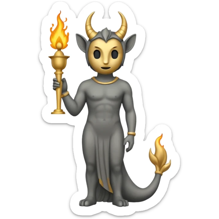 Minimalist emoji-style sticker of a full-body Oscar-like statue in matte gray-gold, with small horns, sharp tail, and faint flames at the base, all in black and muted hues sticker