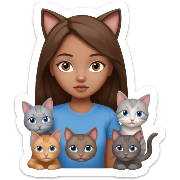 a pretty bratz dusky girl with long brown hair, blue eyes with six cats nd wearing a grey tshirt sticker