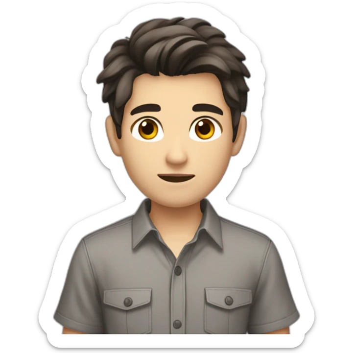 teenage boy with dark brown hair, brown eyes, wearing a short-sleeve button down shirt, thats open, with a grey shirt under it, the boy has white skin sticker