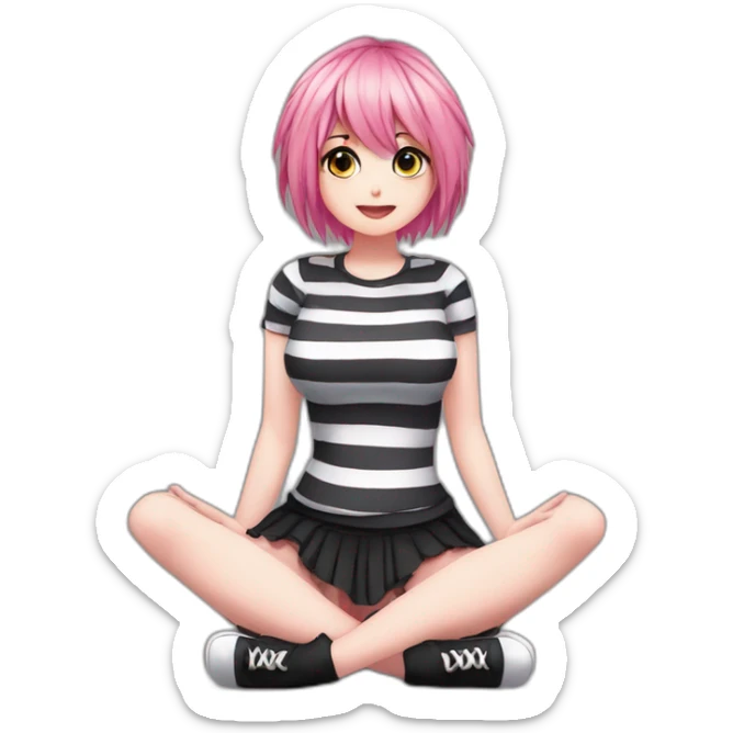 Full body Front view curvy emo girl pink hair sits on the floor straight view hands up black skirt striped torn stockings sticker