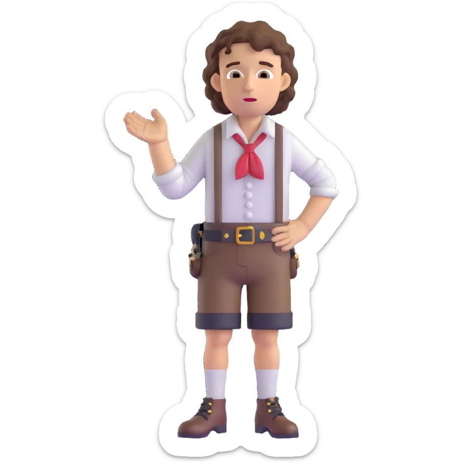German person with brown curly hair in typical Bavarian clothing (lederhosen) shrugging and looking lost sticker