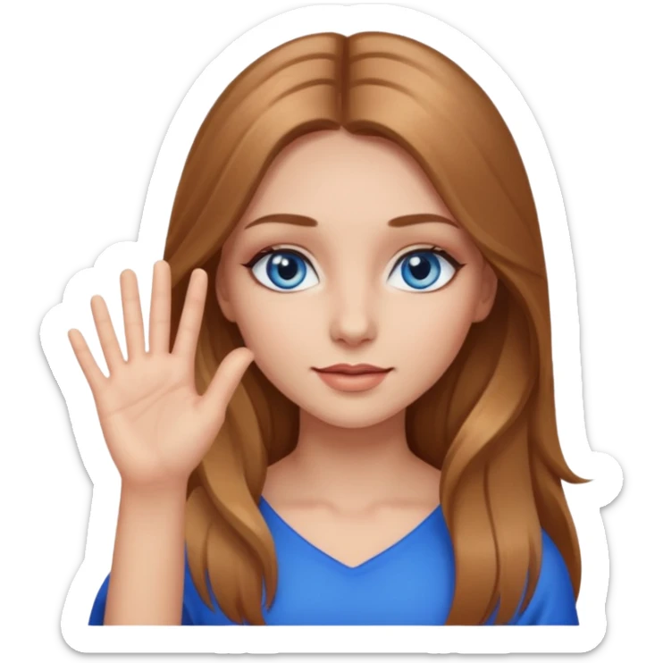 A girl with makeup, long light brown hair, blue eyes, with her palm up. with black outlook   sticker