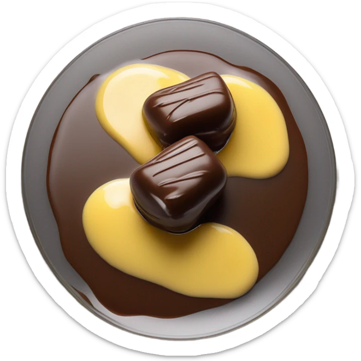 Chocolate and vanilla quenelle on glass plate with 3 drops of yellow sauce sticker