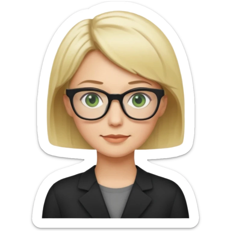 blonde teacher with short hair and green eyes and black glasses smiling sticker