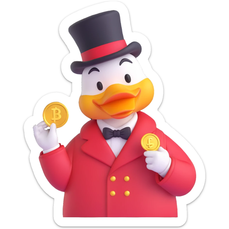 Dagobert Duck emoji, holding a gold coin, wearing classic red coat and top hat, smiling sticker