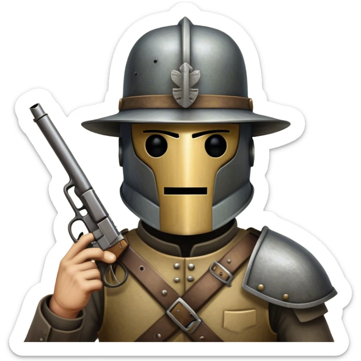 Cinematic Realistic Ned Kelly Portrait Emoji, depicted as the legendary Australian bushranger in his iconic homemade iron helmet and armor, gripping a revolver with a defiant stance. The scene is rendered with gritty textures and dramatic, shadowed lighting, evoking the lawless frontier and his rebellious, fearless legacy. sticker