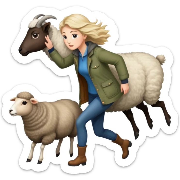 A beautiful tall girl with fair skin wearing a jacket chasing a Shetland sheep sticker